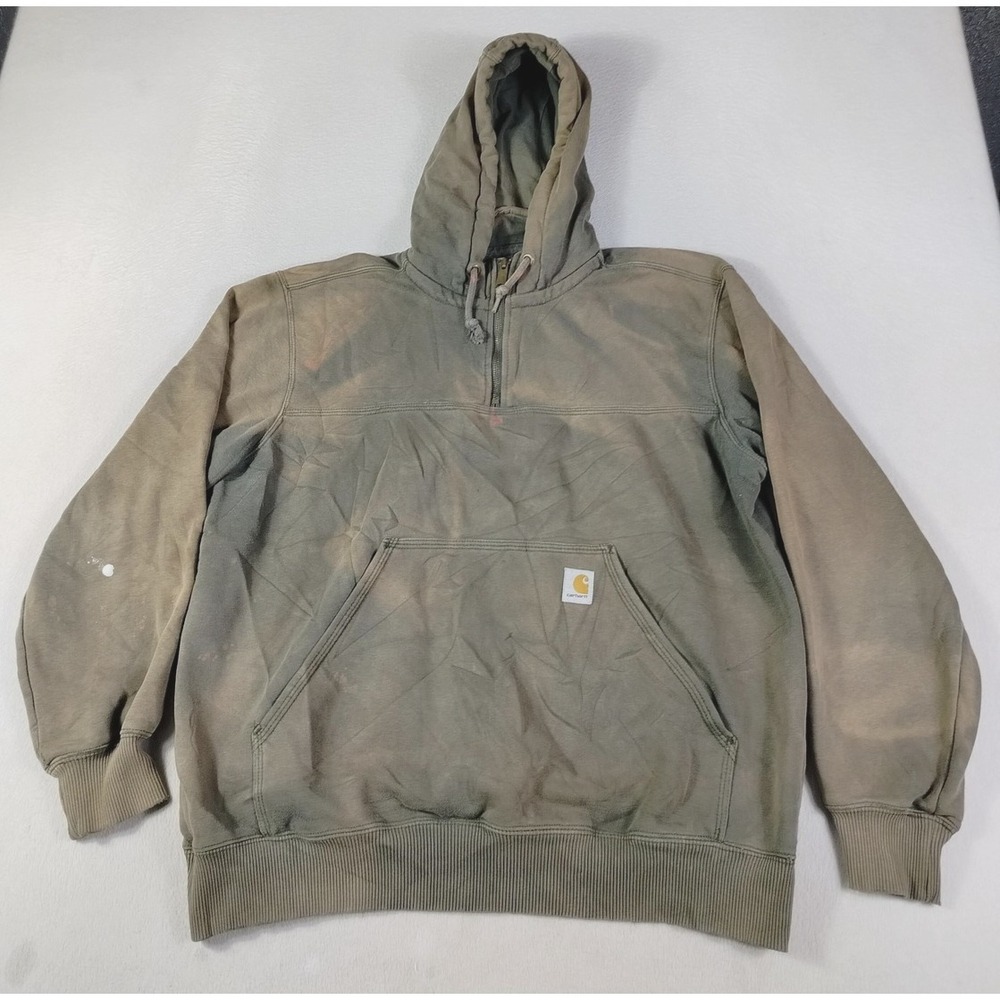 Carhartt Hoodie Sweatshirt Mens Large Green 1/4 Zip Workwear Fleece 100617 Faded